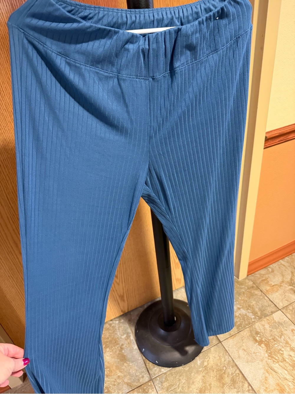 Blue Ribbed Women’s Bottoms - Elastic Waist Pull-On Pants